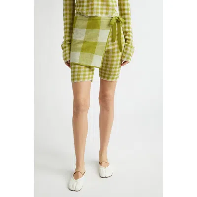 Yanyan Gingham Wool Bike Shorts With Removable Wrap Panel In Green