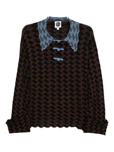 Yanyan Knits Basket-weave Long-sleeves Polo Top In Brown