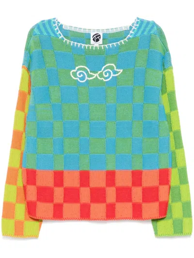 Yanyan Knits Check Boatneck Pullover In Blue