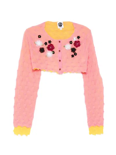 Yanyan Knits Crop Floral Appliqué Cardigan In Pink