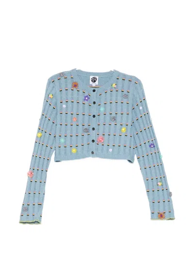 Yanyan Knits Floral-embellished Cropped Cardigan In Blue