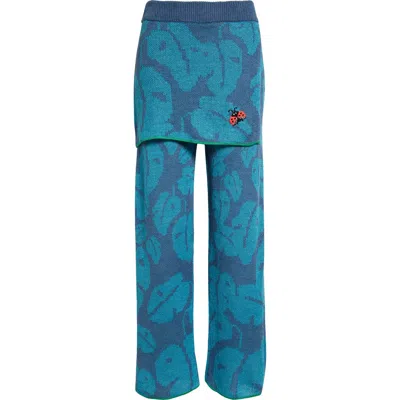 Yanyan Monstera Jacquard Baggy Linen Skirt Pants In Blue