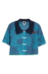 Yanyan Monstera Jacquard Crop Linen Cardigan In Blue