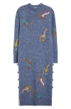 Yanyan Shrimp Embroidered Long Sleeve Maxi Sweater Dress In Ocean