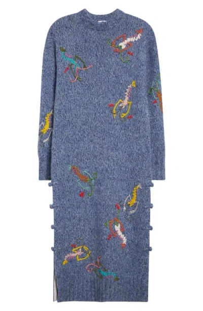 Yanyan Shrimp Embroidered Long Sleeve Maxi Sweater Dress In Ocean