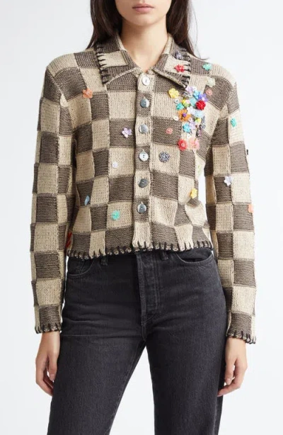 Yanyan Shrunken Floral Embellished Cardigan In Brown/oat