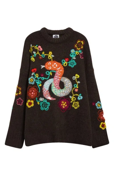 Yanyan Snake Embroidered Wool Blend Bouclé Sweater In Chocolate