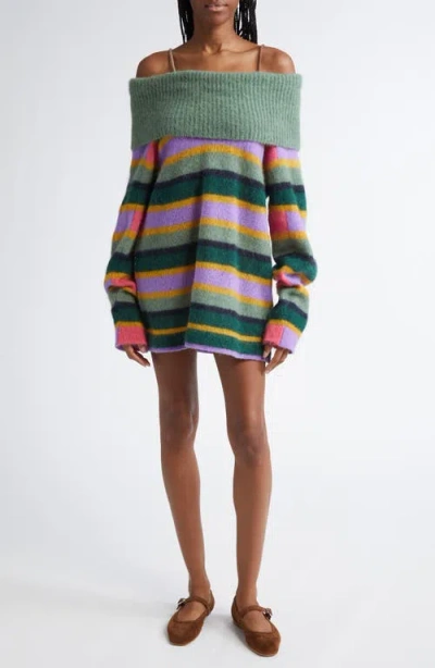 Yanyan Stripe Long Sleeve Alpaca & Wool Blend Sweater Dress In Jade/lilac Multi