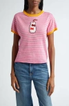 Yanyan X Sanrio Hello Kitty® Milk Bottle Embroidered Stripe Linen T-shirt In Pink