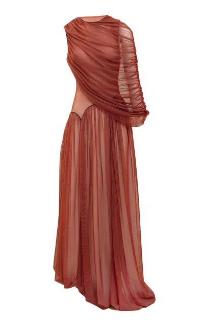 Yassmin Saleh Cascade Draped Tulle-blend Maxi Dress In Brown