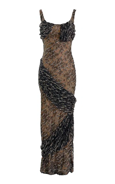 Yassmin Saleh Echo Sequin-embellished Tulle-blend Gown In Brown