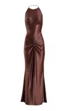 Yassmin Saleh Embrace Ruched Mermaid Gown In Brown