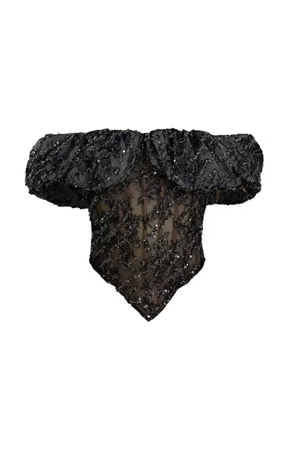 Yassmin Saleh Trace Sequin-embellished Tulle-blend Top In Black