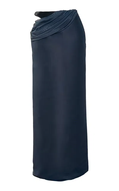 Yassmin Saleh Unfold Draped Silk-blend Maxi Skirt In Blue