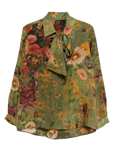 Yavi Floral-print Tie-neck Top In Green