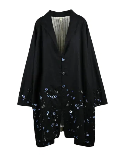 Yavi Wool Overcoat With Sequin Embellishments And Contrasting Lining In Black