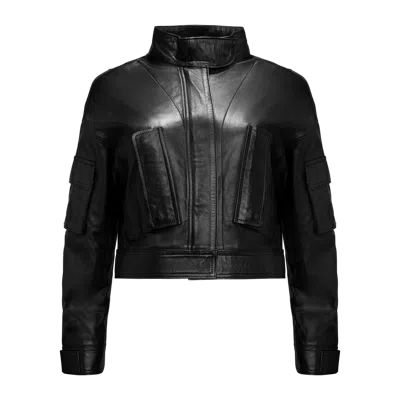 Yavorska Cropped Leather Biker Jacket In Black