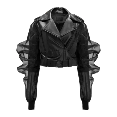 Yavorska Cropped Leather Jacket With Silk Organza Sleeves In Black