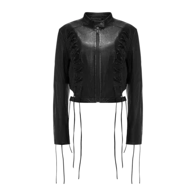 Yavorska Cropped Leather Jacket With Stitching In Black