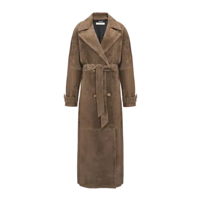 Yavorska Long Leather Coat With Belt In Grey