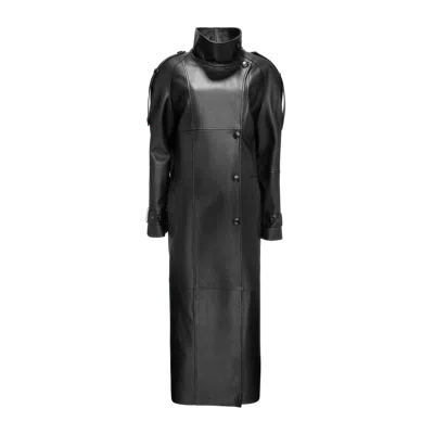 Yavorska Long Leather Coat With Epaulettes In Black
