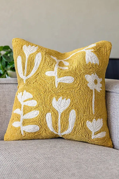 Yaya & Co. Peggy Organic Cotton Embroidered Floral Pillow In Yellow At Urban Outfitters