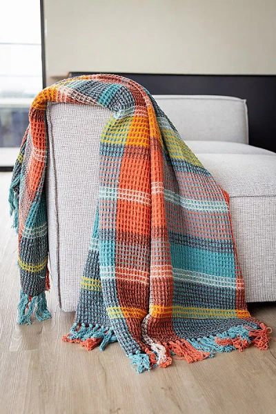 Yaya & Co. Plaid Organic Cotton Waffle Knit Throw Blanket In Pia At Urban Outfitters In Multi