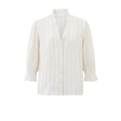 Yaya Striped Blouse With V-neck, Half Long Sleeves And Ruffles In Neturals