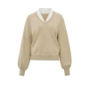 YAYA V-NECK WITH WOVEN DETAIL SWEATER LS | WHITE PEPPER BEIGE