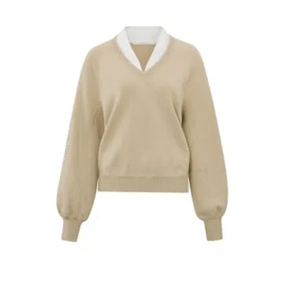 Yaya V-neck With Woven Detail Sweater Ls | White Pepper Beige