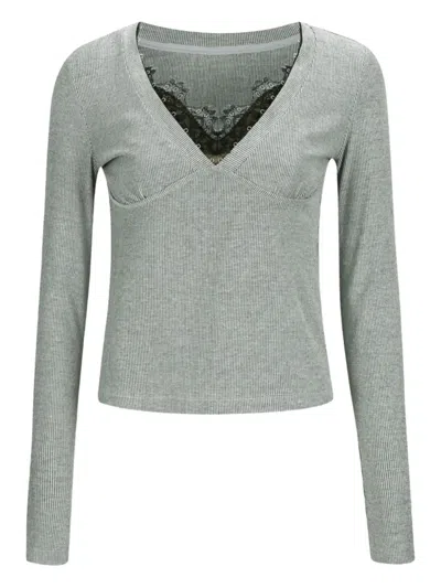 Ych Lace-trim Ribbed Top In Gray