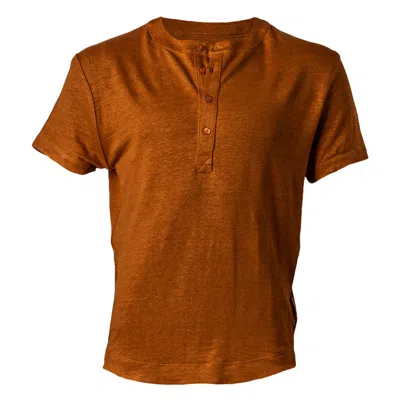 Y.chroma Men's Brown Greek Linen Short-sleeve Henley Caramel Café