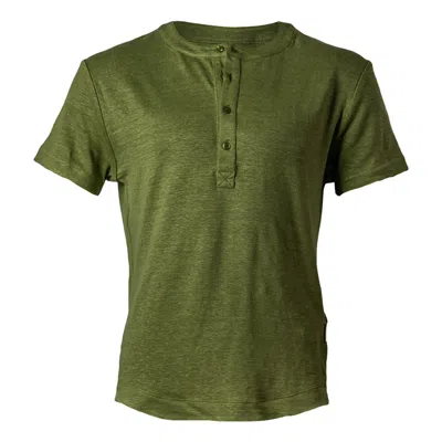 Y.chroma Men's Green Greek Linen Short-sleeve Henley Military Olive