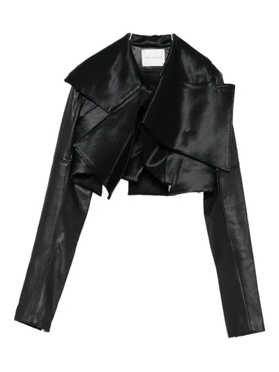 Yehuafan Draped Leather Jacket In Black
