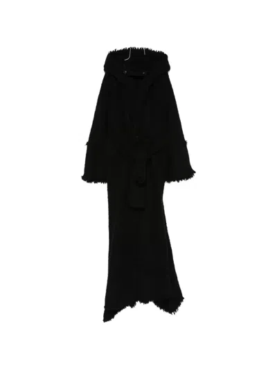 Yehuafan Frayed Hooded Coat In Black