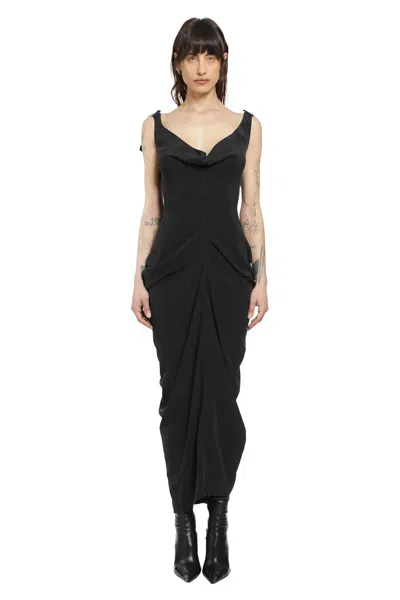 Yehuafan Gathered Dress In Crepe De Chine In Black