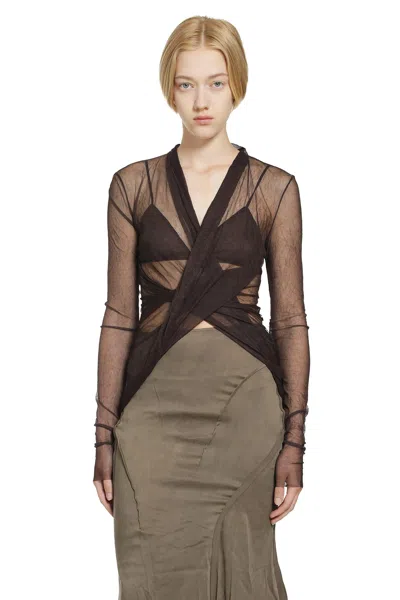 Yehuafan Knotted Top In Organza In Brown