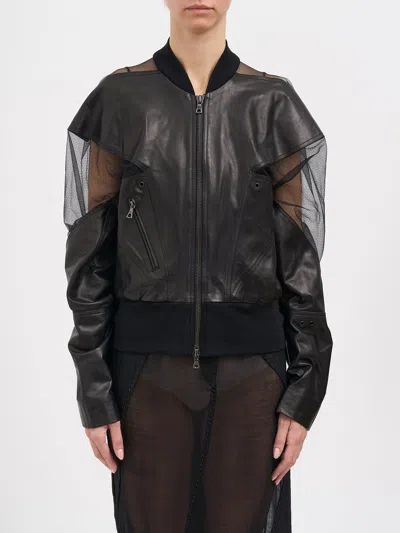 Yehuafan Leather Bomber With Inserts In Black