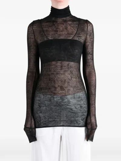 Yehuafan Semi-sheer Roll-neck Top In Black