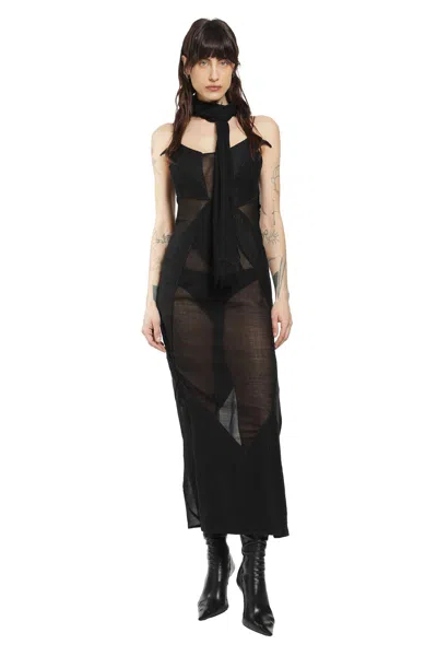 Yehuafan Sheer Wool Linen Patchwork Dress In Black