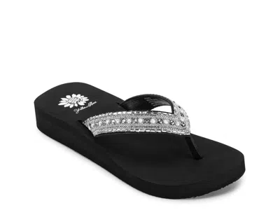 Yellow Box Jocasta Wedge Sandal In Black/silver Rhinestones