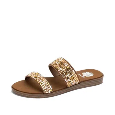 Yellow Box Women's Deloris Two Strap Rhinestones Sandals In Toast In Gold