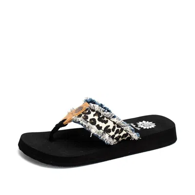 Yellow Box Women's Denim Flipflop With Denim Fringe In Cream Leopard In Multi