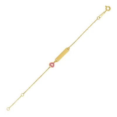 Yellow Gold 14k  5 1/2 Inch Childrens Id Bracelet With Enameled Heart (1.00 Mm)