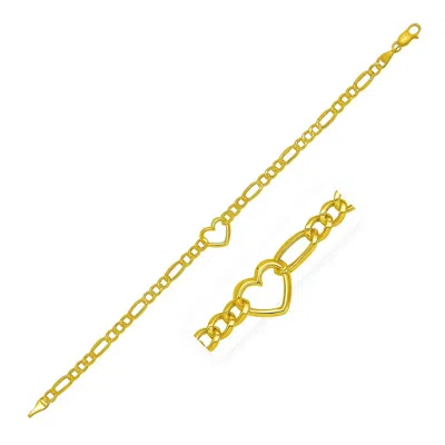 Yellow Gold 14k  7 Inch Figaro Chain Bracelet With Heart (4.50 Mm)