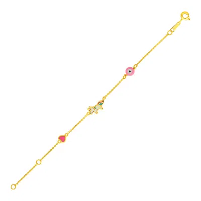 Yellow Gold 14k  Childrens Bracelet With Enameled Heart Unicorn And Circle In Pink