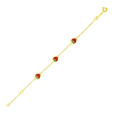 Yellow Gold 14k  Childrens Bracelet With Enameled Strawberries(1.00 Mm)