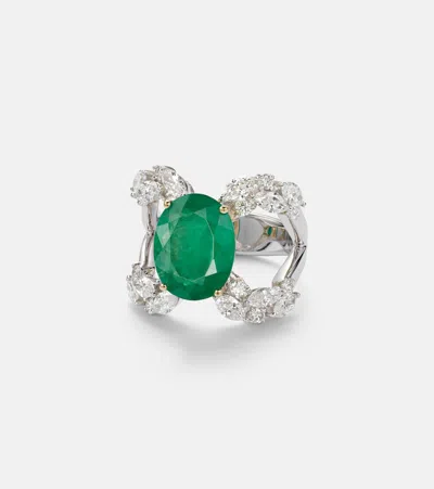 Yeprem 18kt White Gold (750/1000) Ring With Diamonds And Emerald In Multi