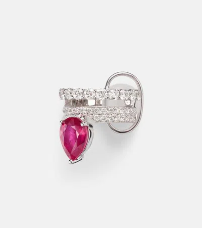 Yeprem 18kt White Gold (750/1000) Single Clip-on Earring With Ruby And Diamonds In Metallic