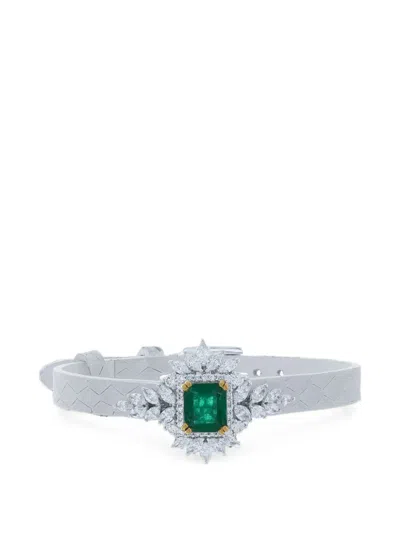 Yeprem Emerald And Diamond Stamped Leather Bracelet In Silver